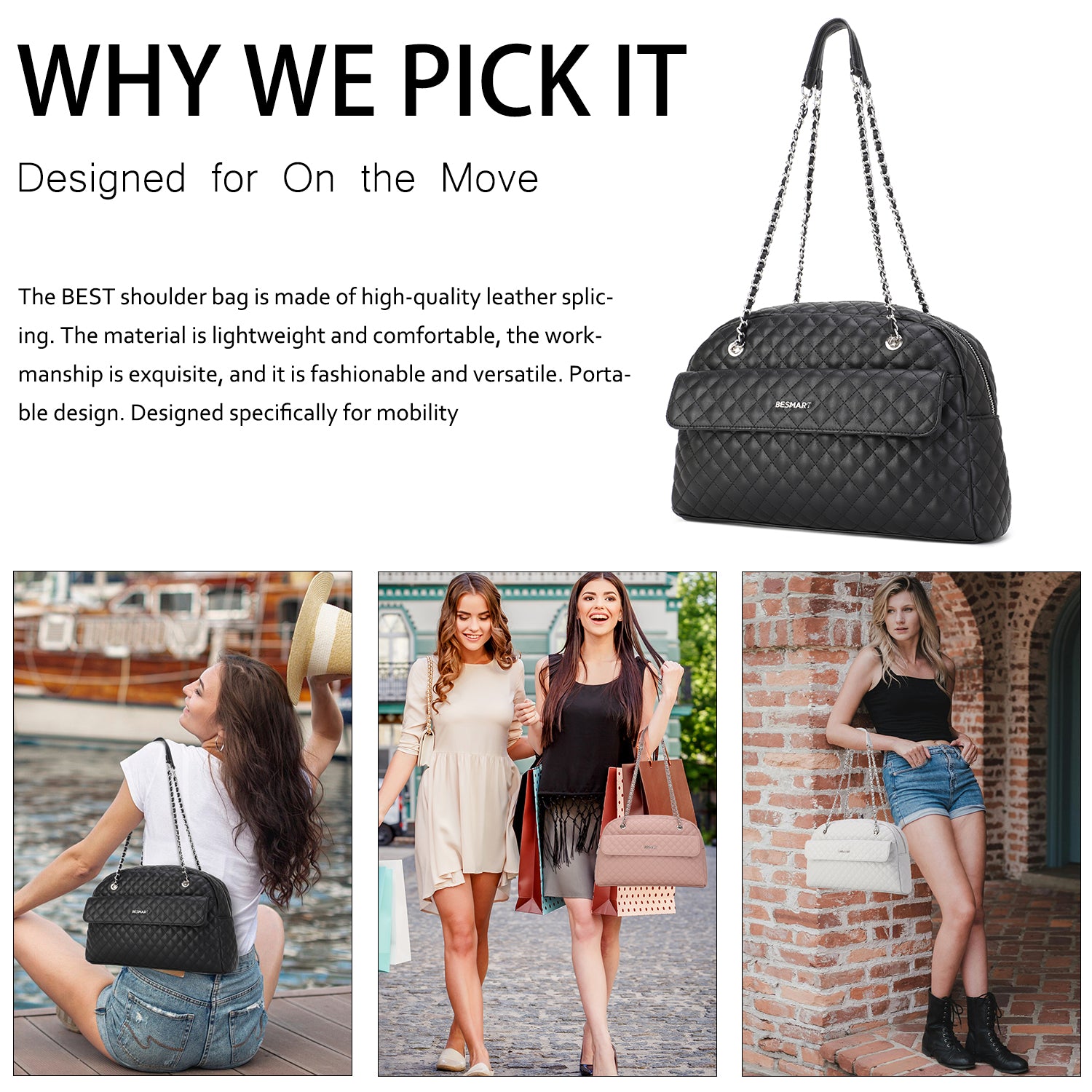 BE SMART Quilted Tote Bag for Women