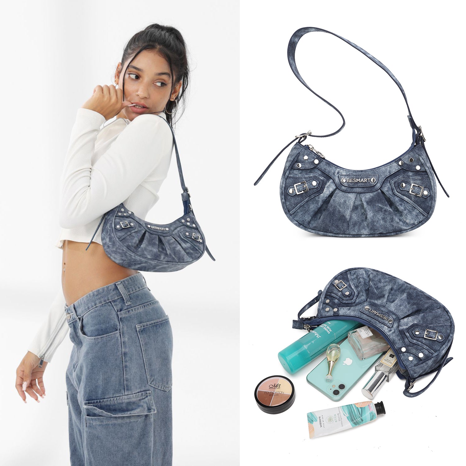 BE SMART Denim Style PU Underarm Shoulder Bag