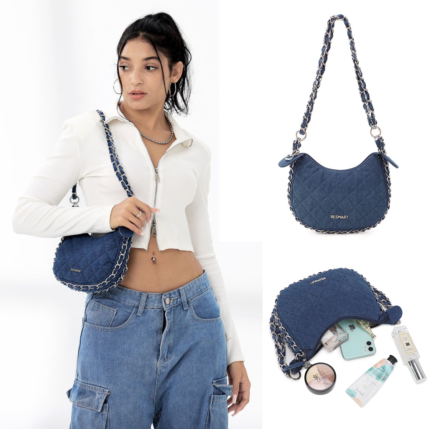BE SMART Heavy Metal Chain Denim Crescent Bag