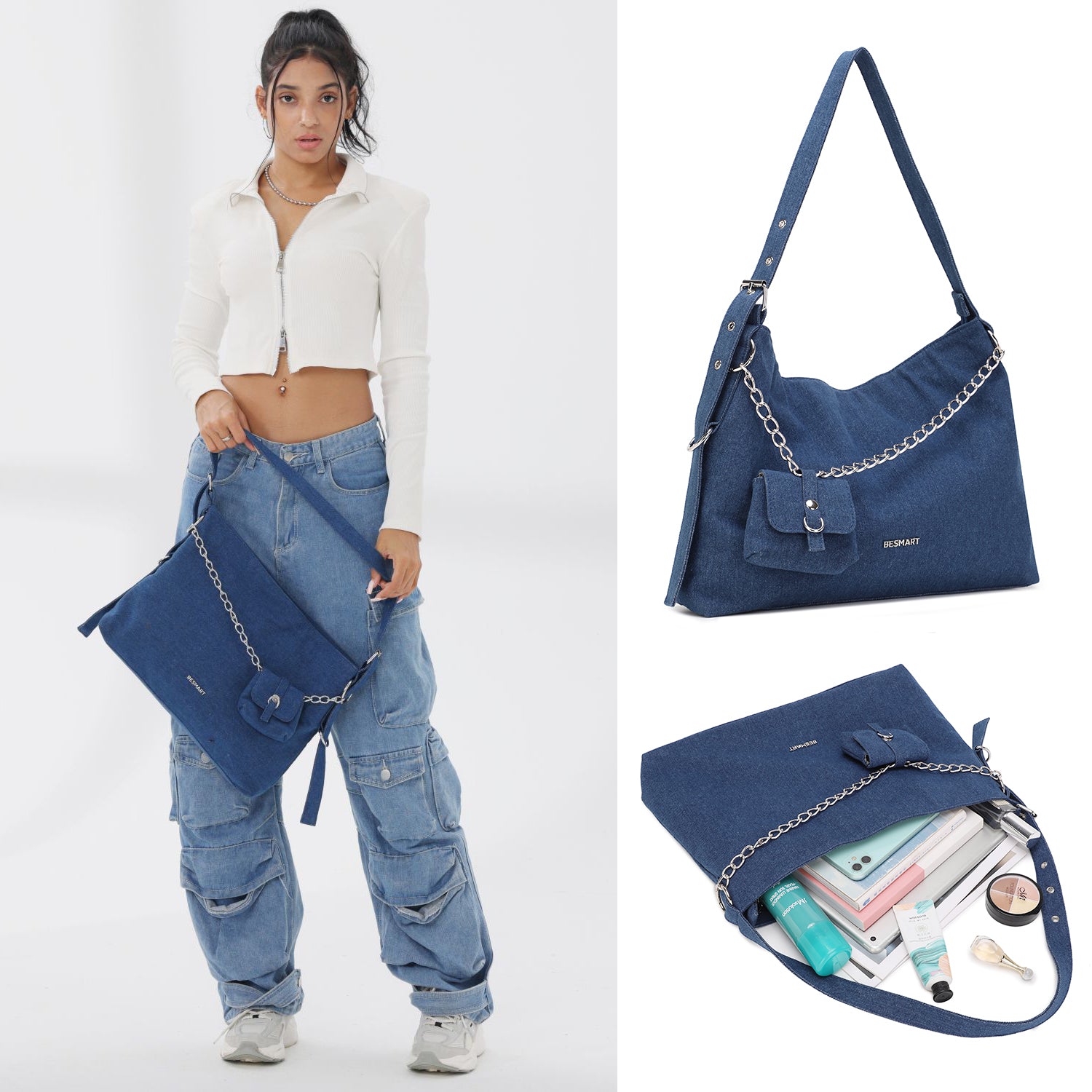 BE SMART Denim Hobo Tote Bag