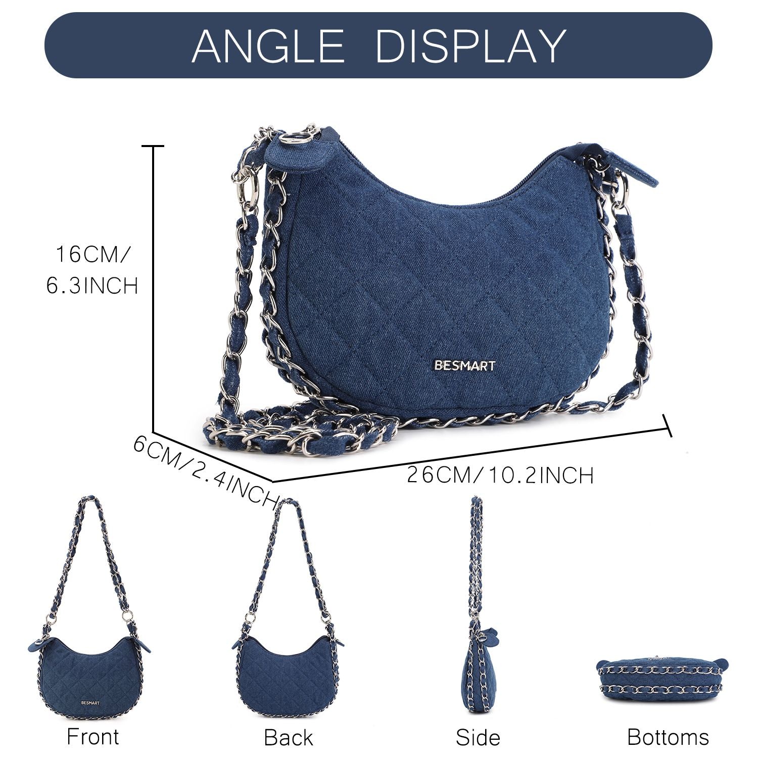 BE SMART Heavy Metal Chain Denim Crescent Bag