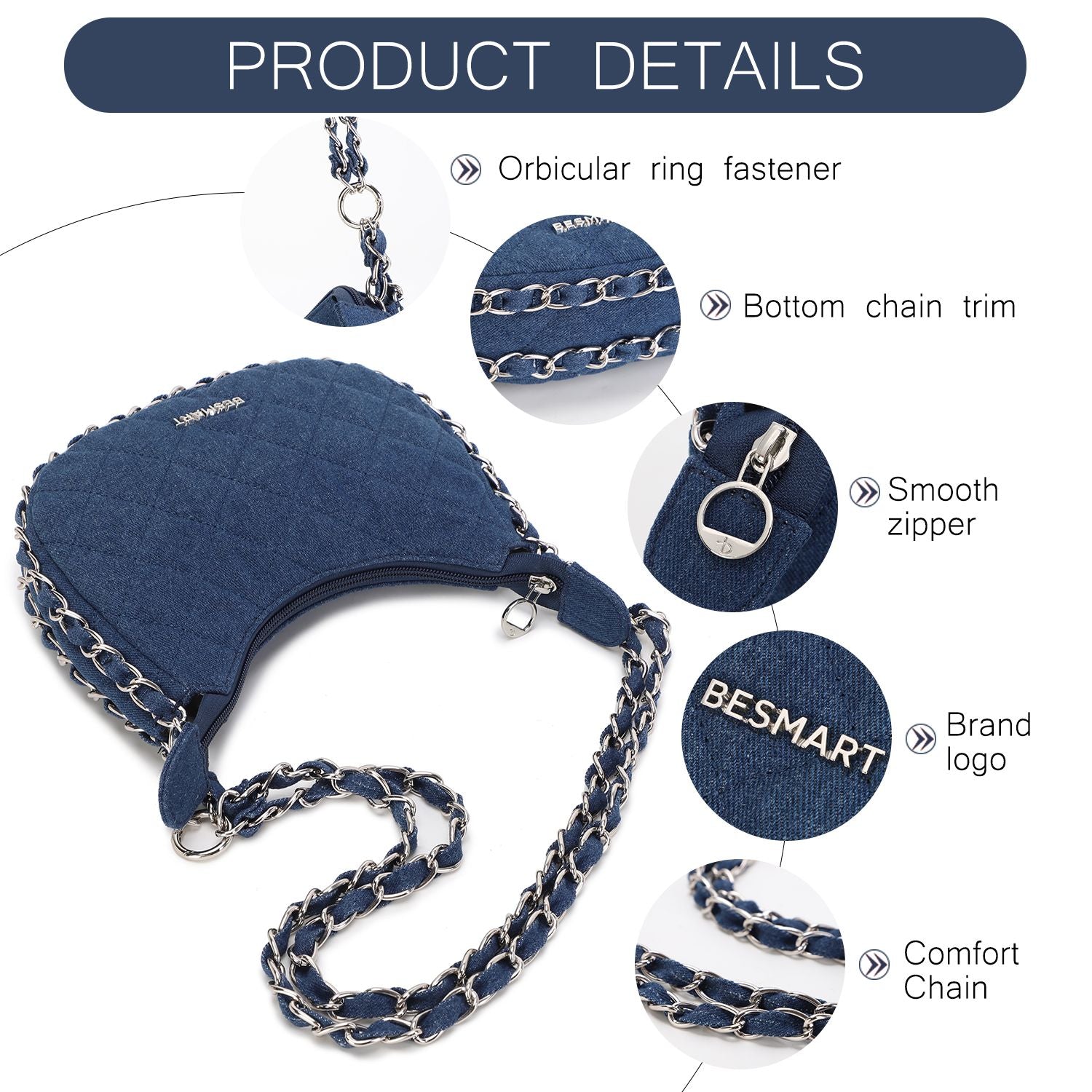 BE SMART Heavy Metal Chain Denim Crescent Bag