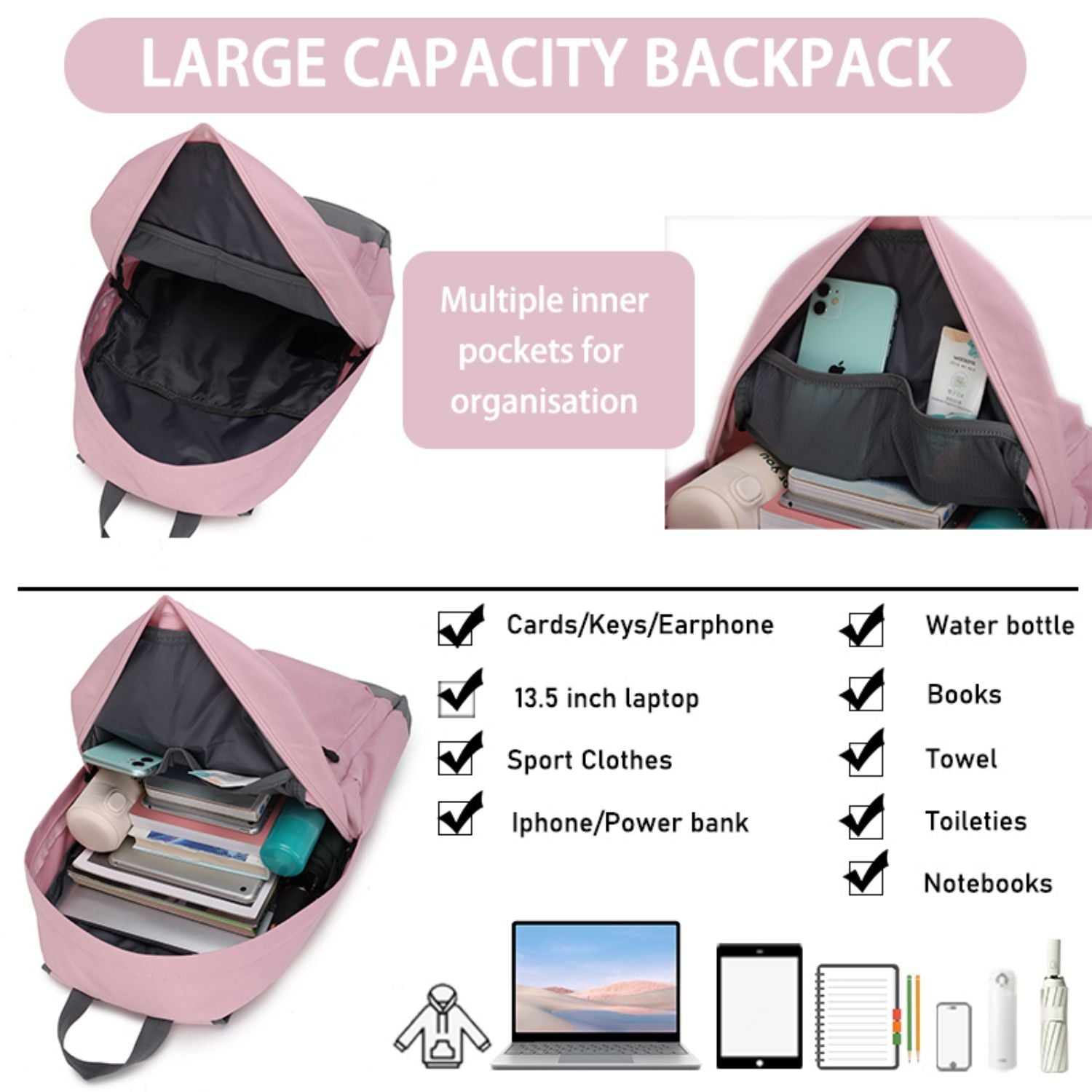 BE SMART Pink Backpack with Headphone Storage