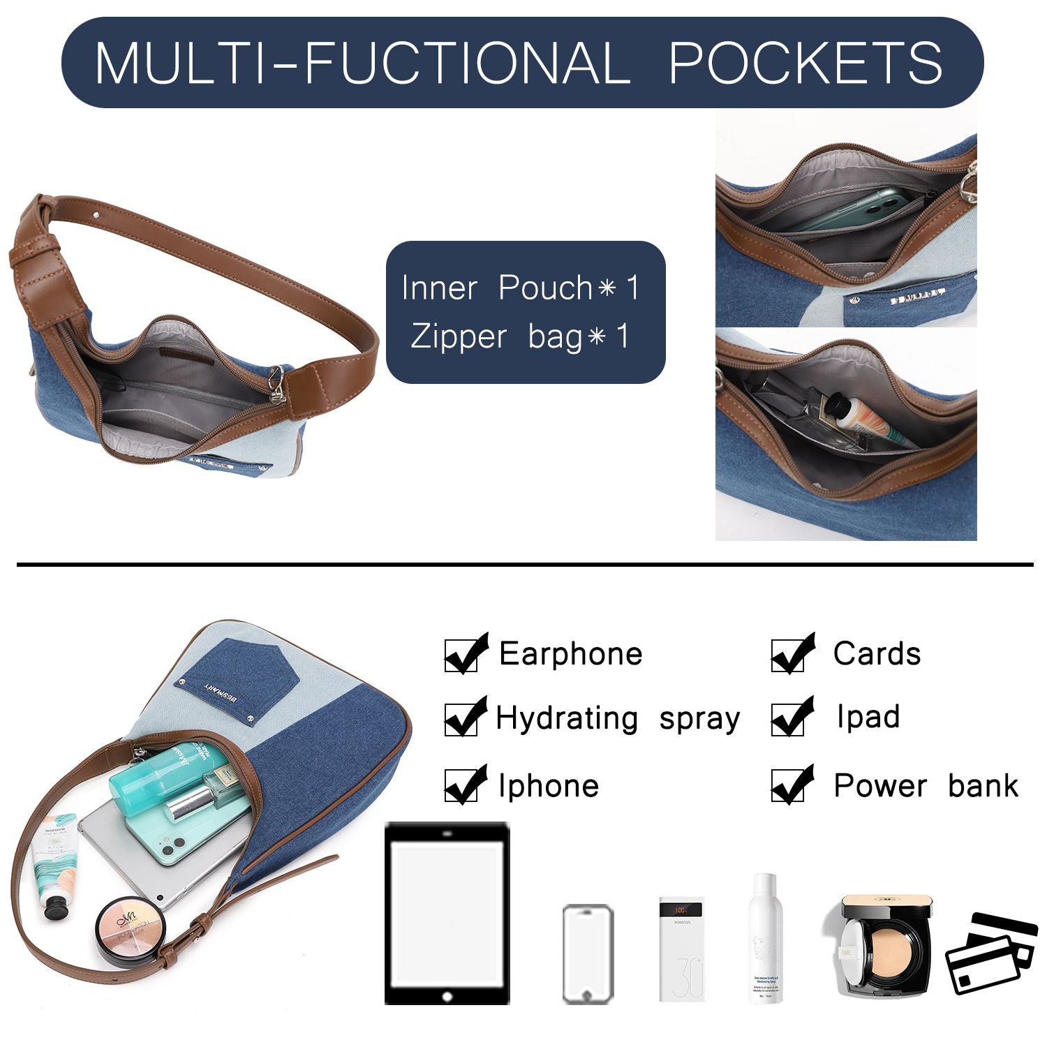 BE SMART Denim Pocket Underarm Crescent Bag