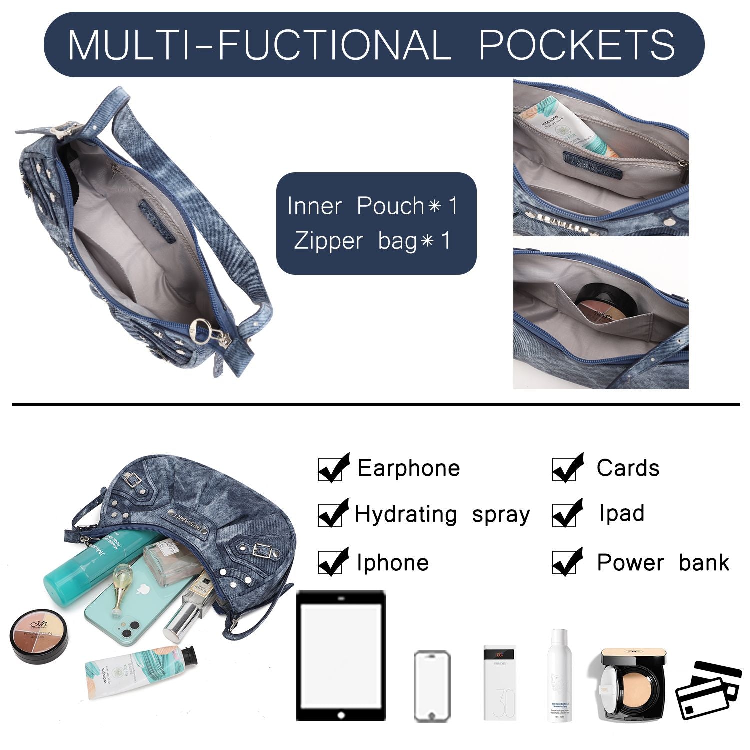 BE SMART Denim Style PU Underarm Shoulder Bag