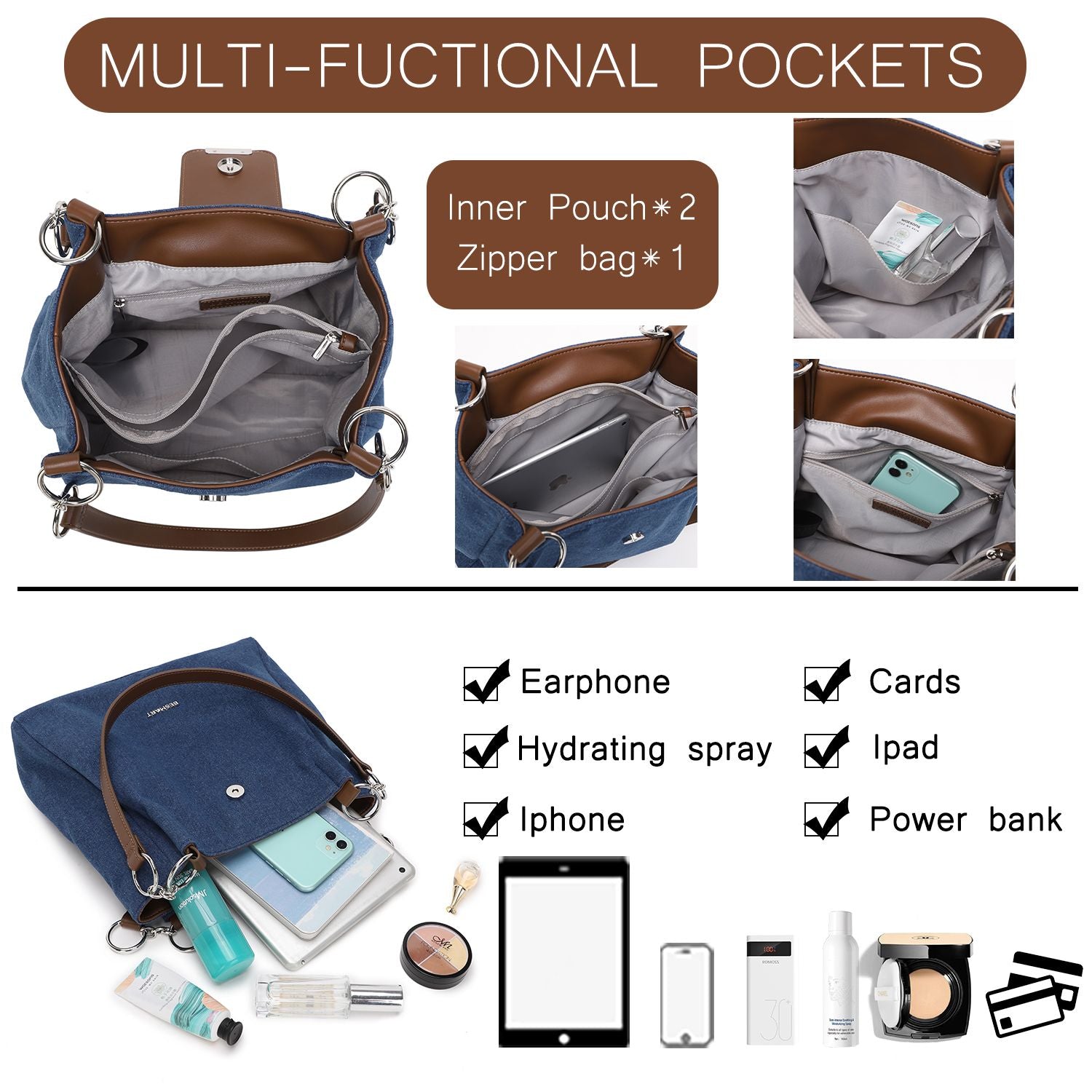 BE SMART Denim Chain Tote Bag