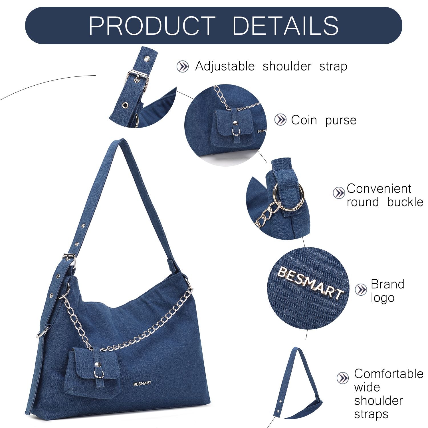 BE SMART Denim Hobo Tote Bag