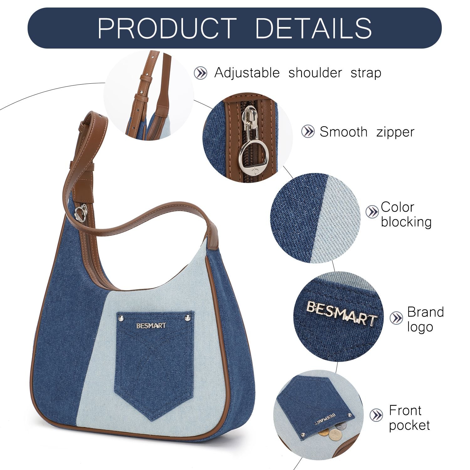 BE SMART Denim Pocket Underarm Crescent Bag