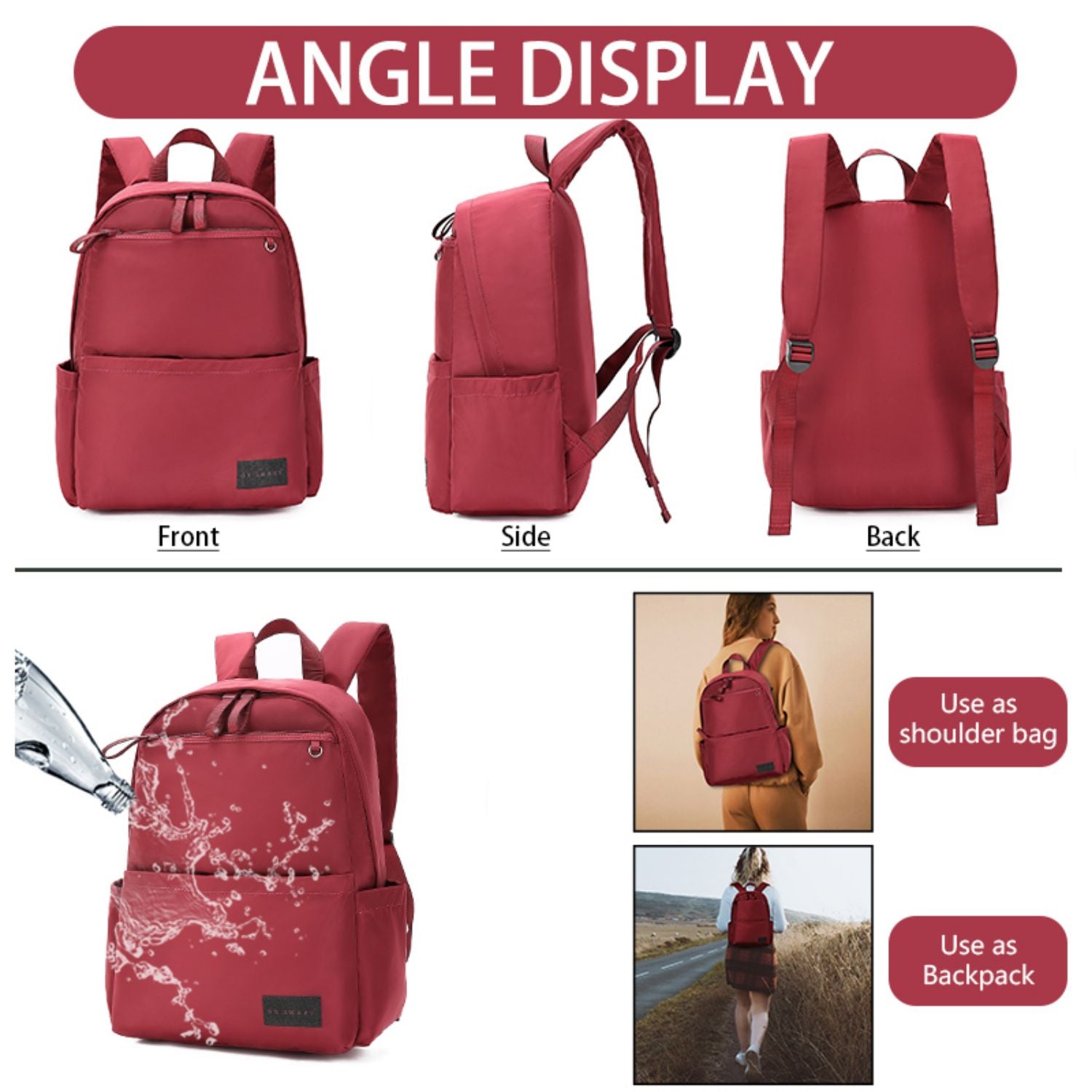 BE SMART Red Lightweight Backpack For Women