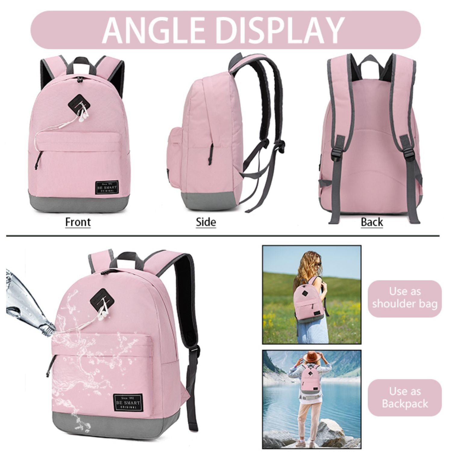 BE SMART Pink Backpack with Headphone Storage