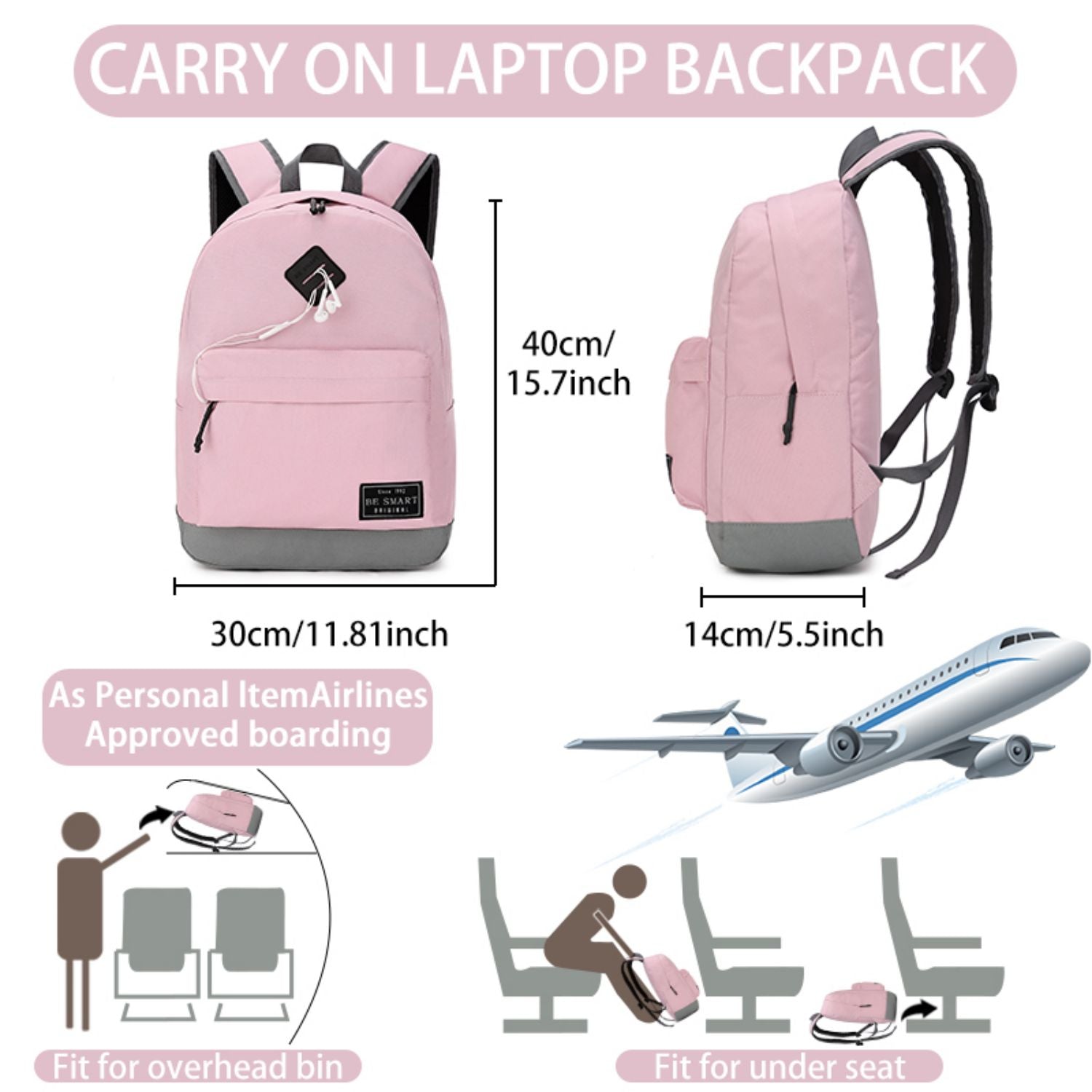 BE SMART Pink Backpack with Headphone Storage