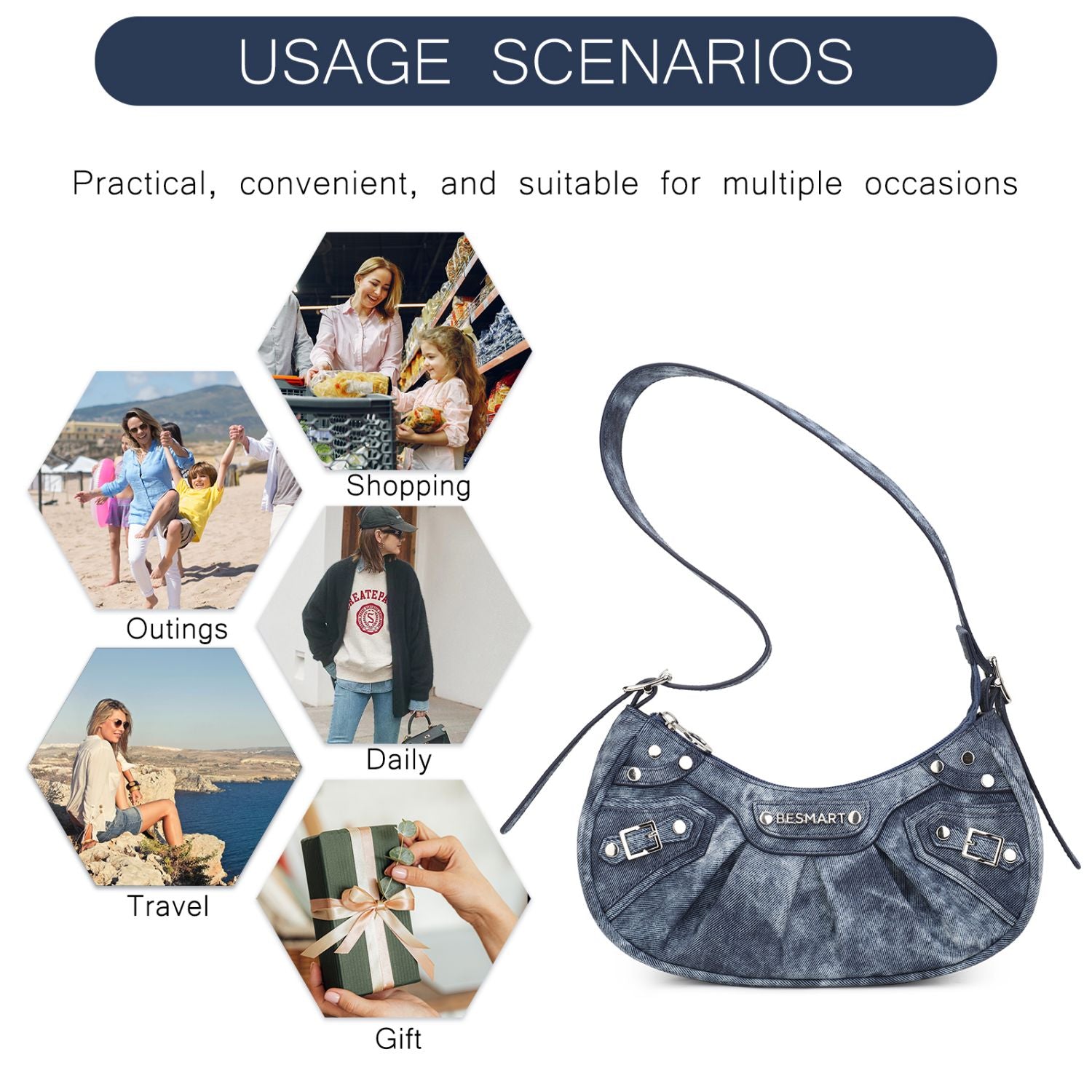 BE SMART Denim Style PU Underarm Shoulder Bag