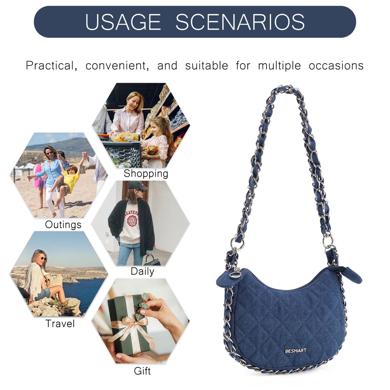 BE SMART Heavy Metal Chain Denim Crescent Bag