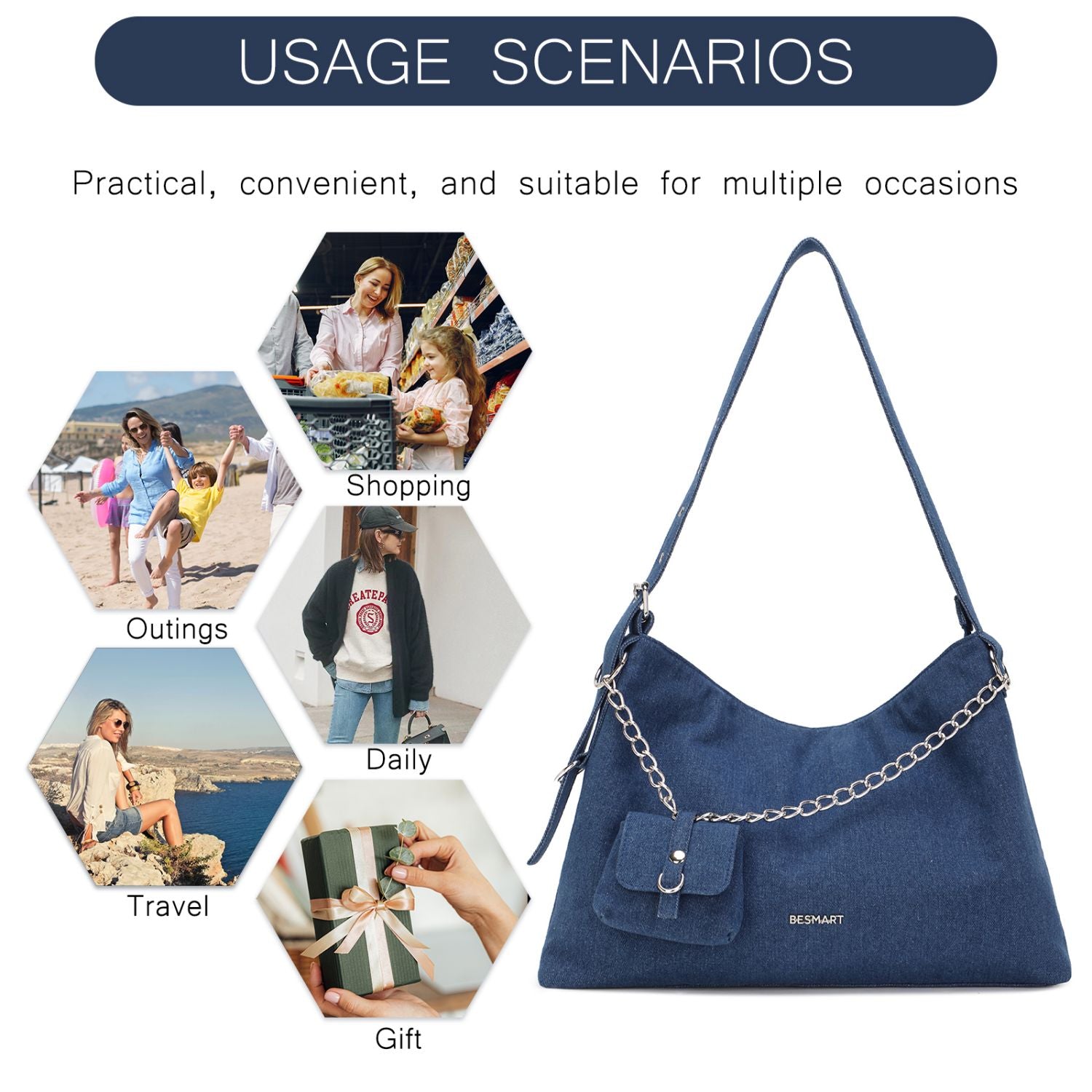 BE SMART Denim Hobo Tote Bag