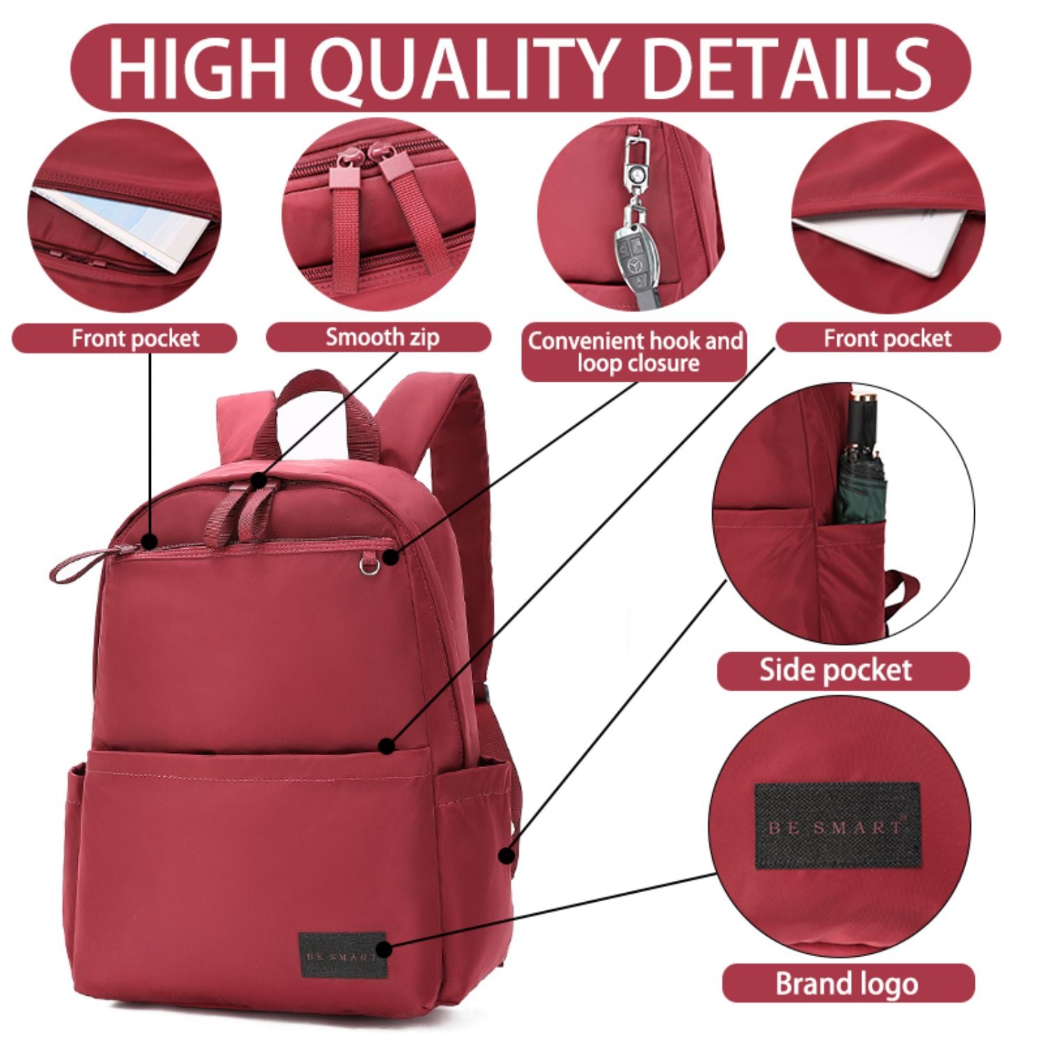 BE SMART Red Lightweight Backpack For Women