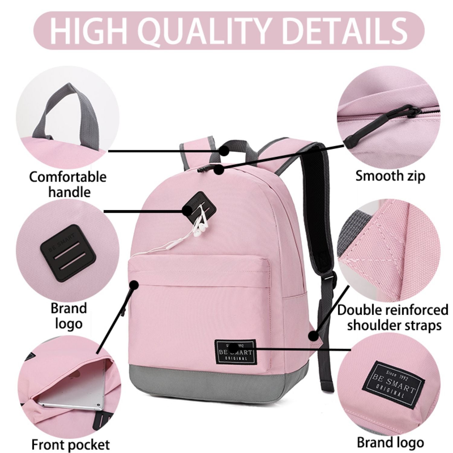 BE SMART Pink Backpack with Headphone Storage
