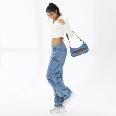 BE SMART Waterproof Denim Shoulder Bag Women Handbag Evening Bag Trendy Women's Y2k Armpit Bag Underarm Hobo Purse Date Bag Fashion Casual Daypack Punk Style Sling Bags Satchel Bag 2024