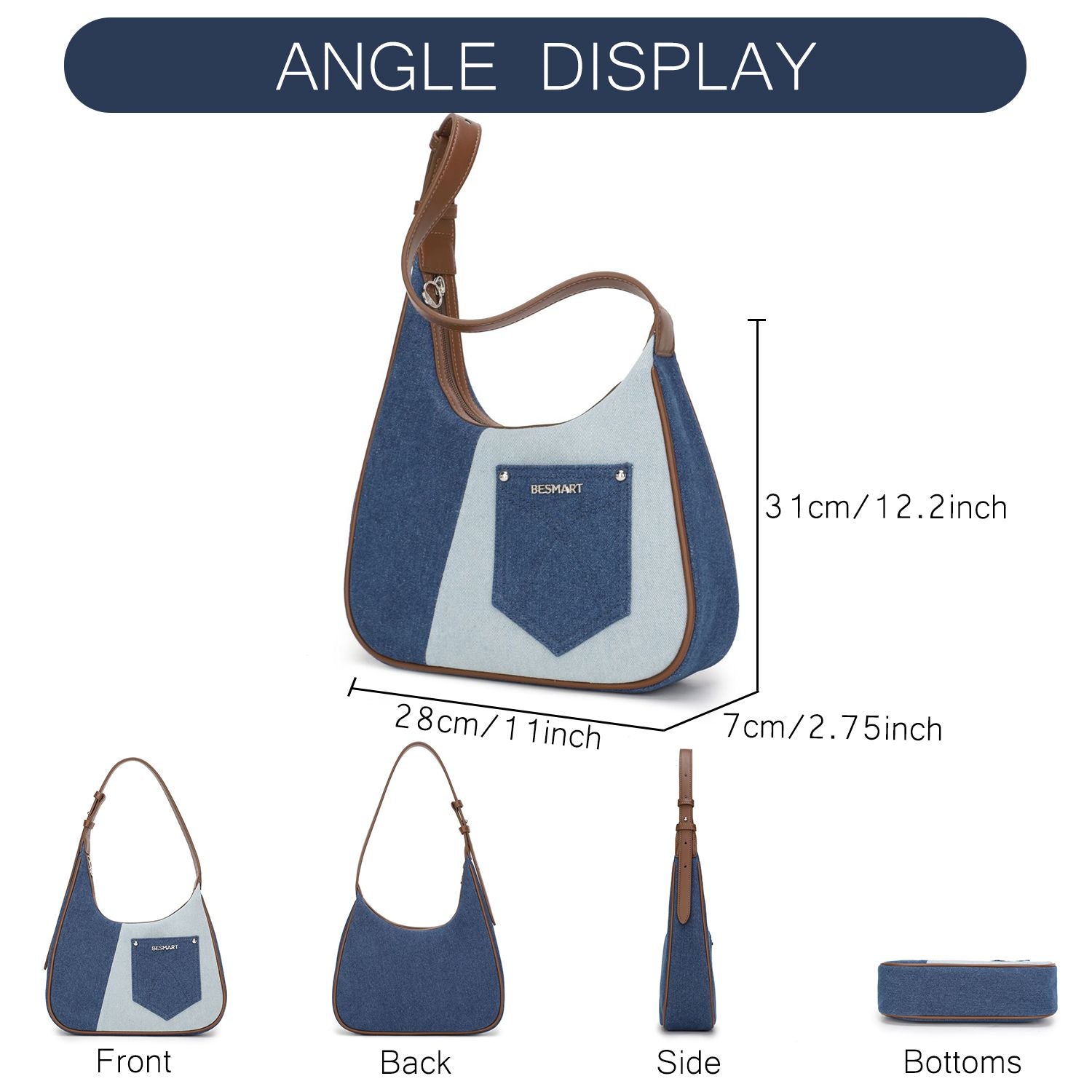 BE SMART Denim Pocket Underarm Crescent Bag