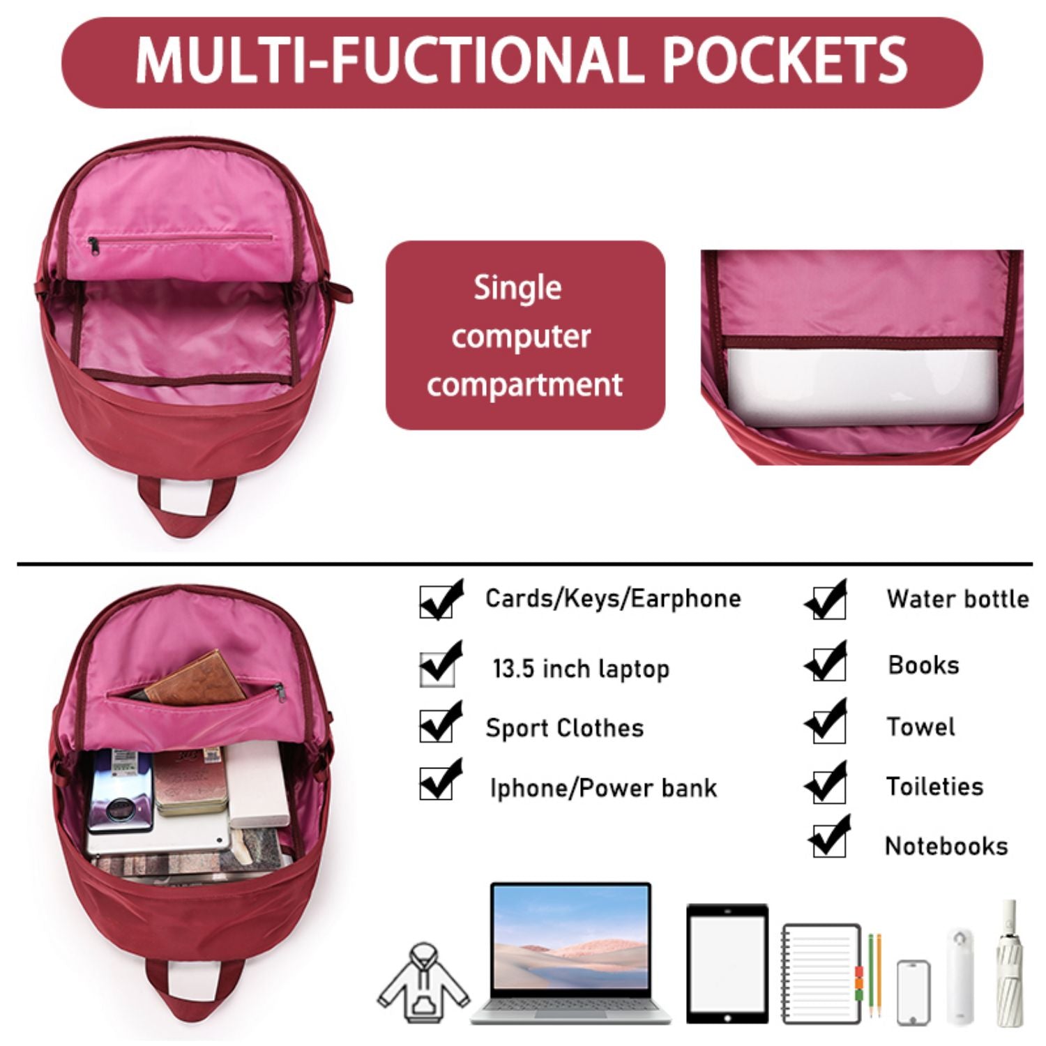 BE SMART Red Lightweight Backpack For Women