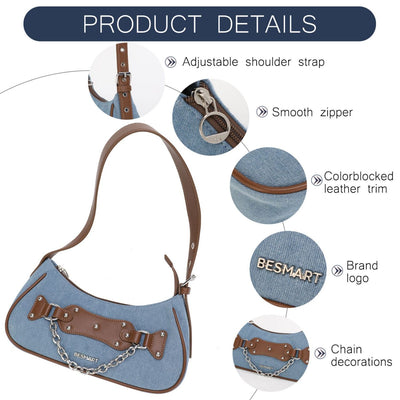 BE SMART Waterproof Denim Shoulder Bag Women Handbag Evening Bag Trendy Women's Y2k Armpit Bag Underarm Hobo Purse Date Bag Fashion Casual Daypack Punk Style Sling Bags Satchel Bag 2024