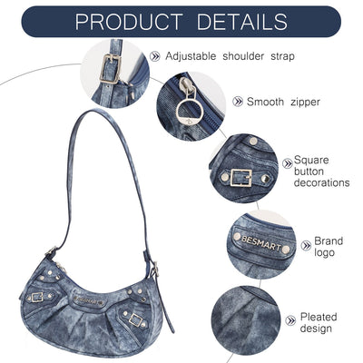 BE SMART Waterproof Women Handbag Evening Bag Trendy PU Leather Denim Printing Bag Women's Shoulder Bag Y2k Armpit Bag Underarm Hobo Bag Fashion Casual Clutch Daypack Punk Style Sling Bags Satchel