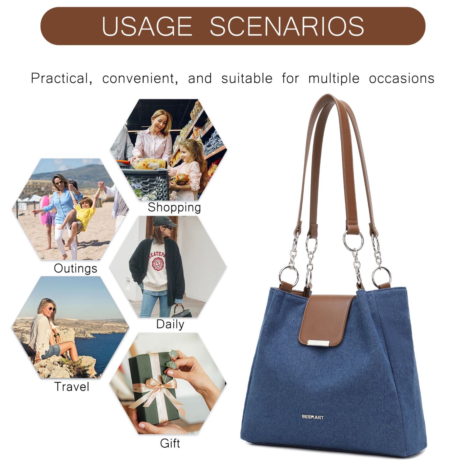 BE SMART Denim Chain Tote Bag